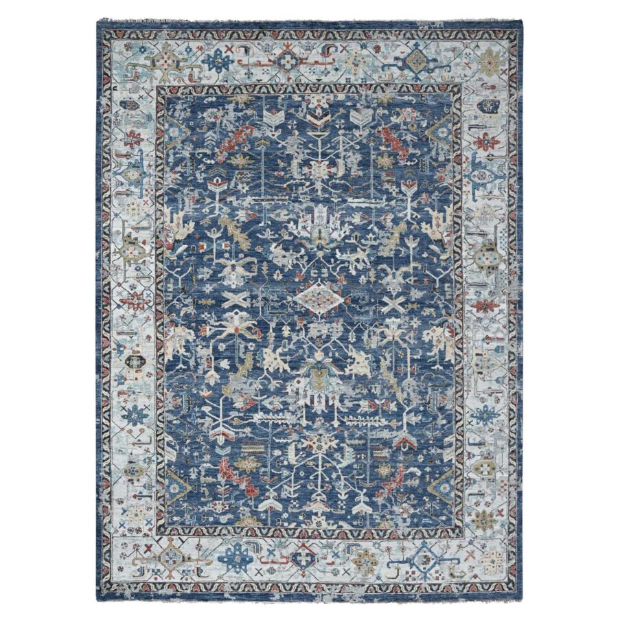 8'10"x11'10" Dress Blue With Smoke Gray, Broken and Erased Persian Heriz All Over Design, Soft Color Palette, Hand Knotted Organic Wool, Denser Weave, Oriental Rug Sh84905