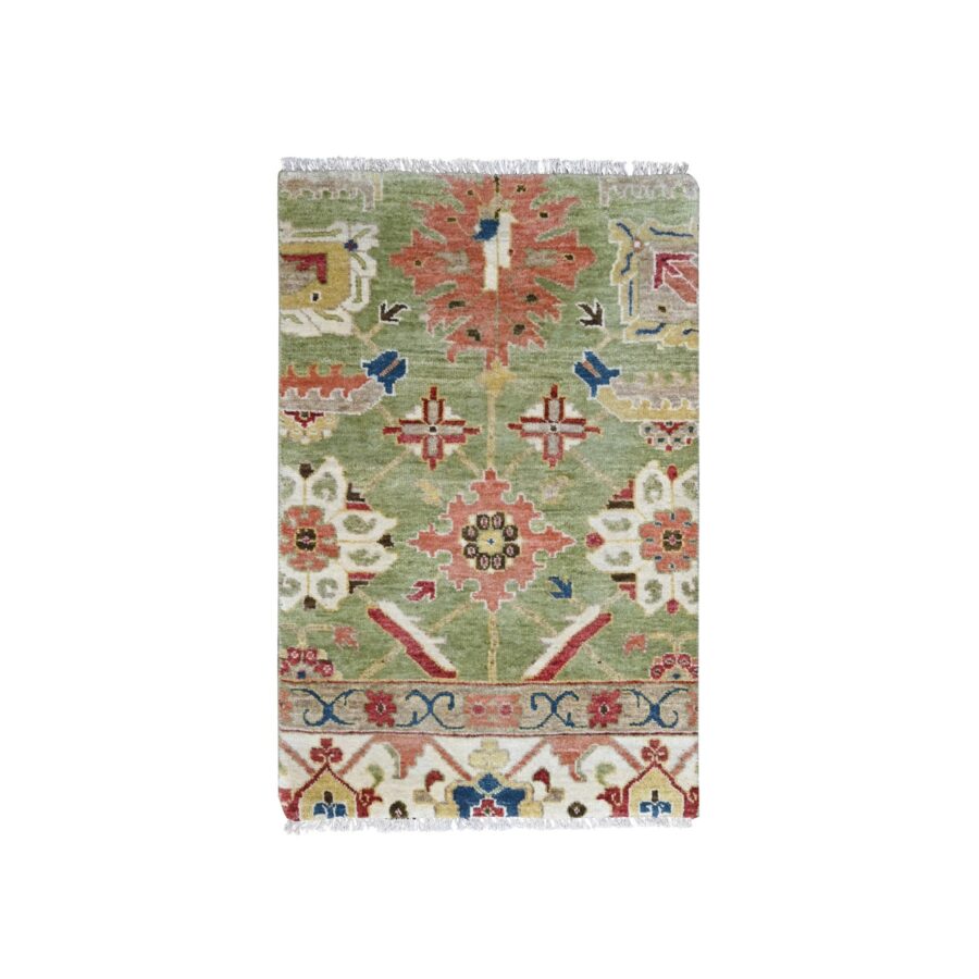 2'x3' Bud Green, Extra Soft Wool, Hand Knotted Tone On Tone, Sustainable, Oushak Design, Supple Collection, Thick and Plush, Oriental Mat Rug Sh84919