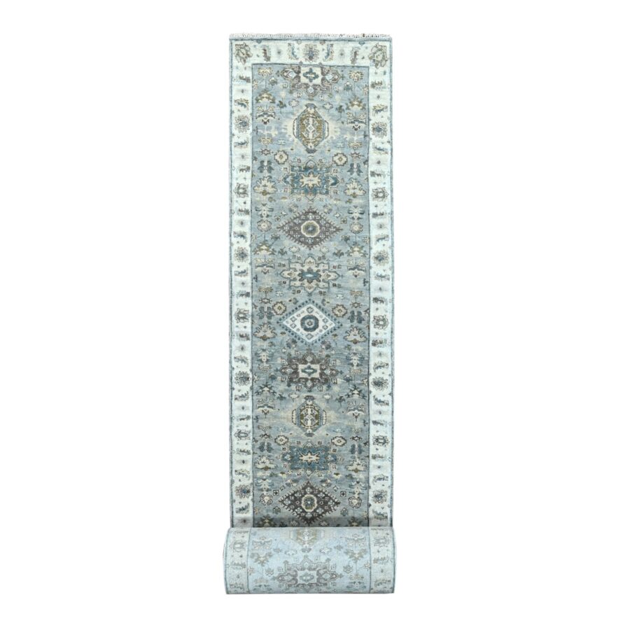 2'7"x27'9" Seraph Gray With White Smoke, Karajeh Design with Geometric Motifs, Soft to the Touch Pile, Hand Knotted, Pure Wool, Vegetable Dyes, XL Runner Oriental Rug Sh84981