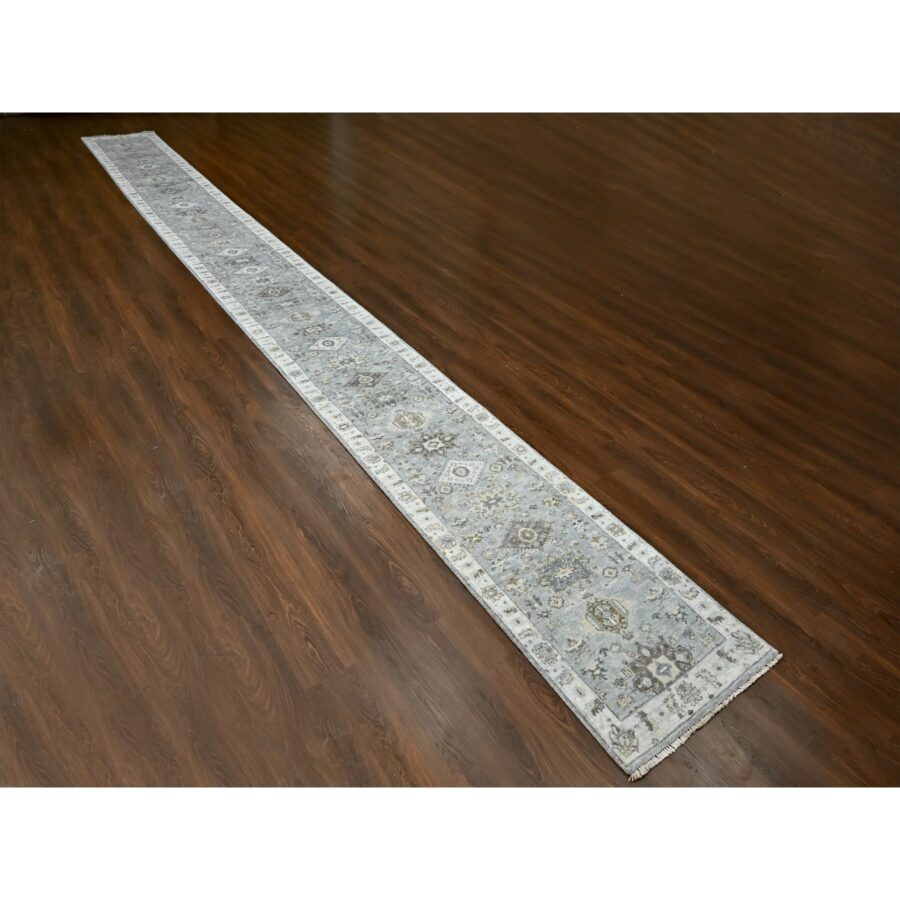 2'7"x27'9" Seraph Gray With White Smoke, Karajeh Design with Geometric Motifs, Soft to the Touch Pile, Hand Knotted, Pure Wool, Vegetable Dyes, XL Runner Oriental Rug Sh84981 - Image 2