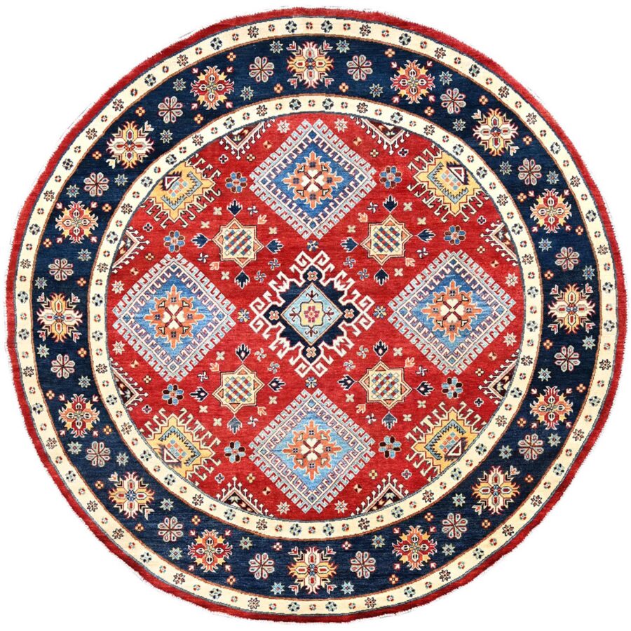 7'10"x7'9" Crimson Red, Vegetable Dyes, Extra Soft Wool, Special Kazak with Geometric Elements, Hand Knotted, Round Oriental Rug Sh85417