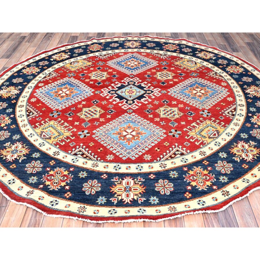 7'10"x7'9" Crimson Red, Vegetable Dyes, Extra Soft Wool, Special Kazak with Geometric Elements, Hand Knotted, Round Oriental Rug Sh85417 - Image 2