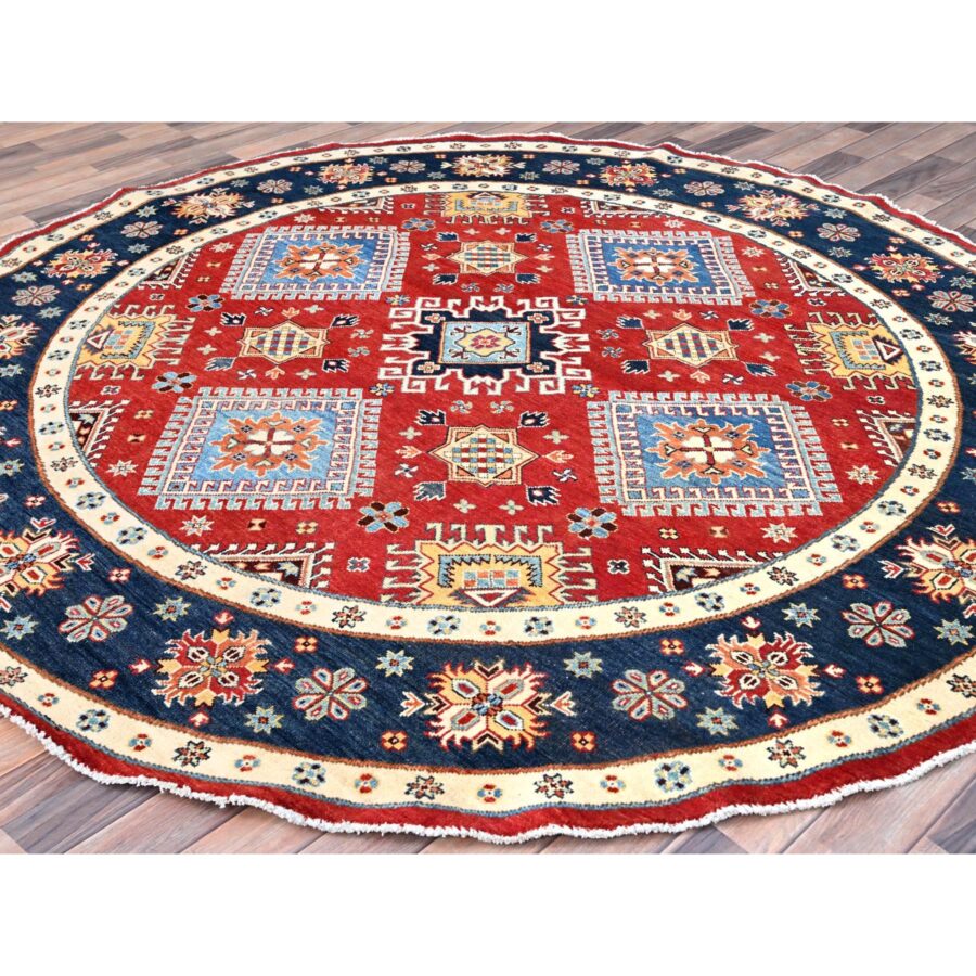 7'10"x7'9" Crimson Red, Vegetable Dyes, Extra Soft Wool, Special Kazak with Geometric Elements, Hand Knotted, Round Oriental Rug Sh85417 - Image 3