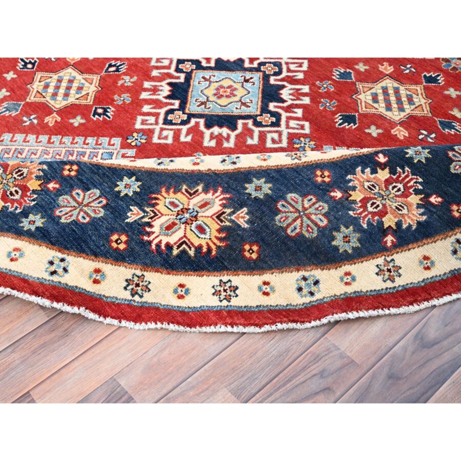 7'10"x7'9" Crimson Red, Vegetable Dyes, Extra Soft Wool, Special Kazak with Geometric Elements, Hand Knotted, Round Oriental Rug Sh85417 - Image 4