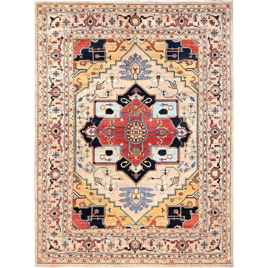 8'8"x11'6" Coconut White, Hand Knotted, Soft Wool, Dense Weave, Afghan Peshawar with Serapi Heriz Design, Vegetable Dyes, Oriental Rug Sh85431