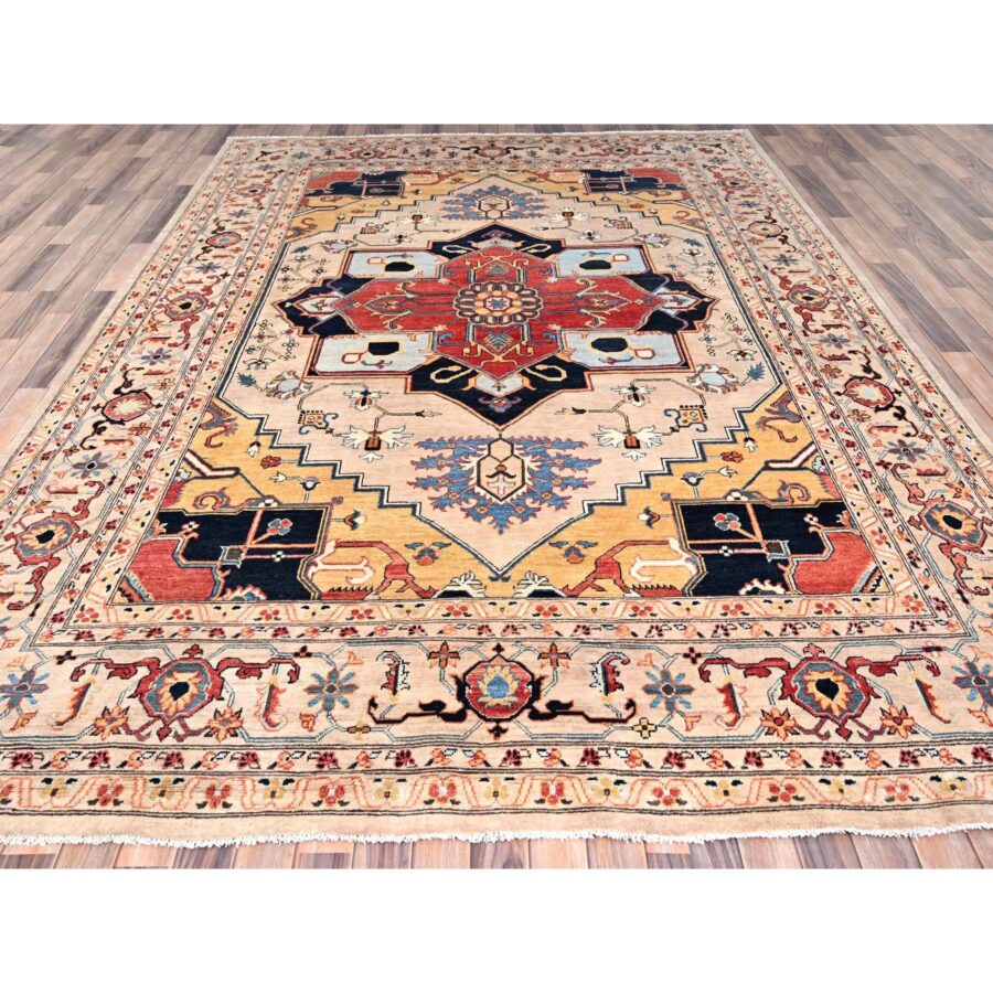 8'8"x11'6" Coconut White, Hand Knotted, Soft Wool, Dense Weave, Afghan Peshawar with Serapi Heriz Design, Vegetable Dyes, Oriental Rug Sh85431 - Image 2