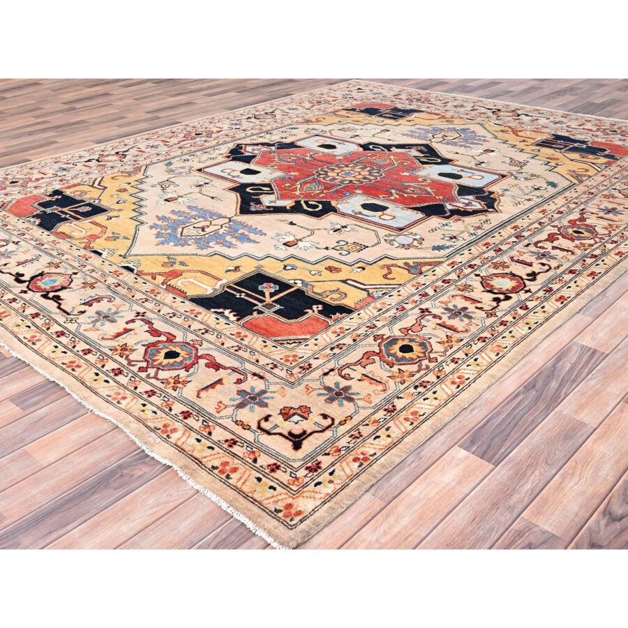 8'8"x11'6" Coconut White, Hand Knotted, Soft Wool, Dense Weave, Afghan Peshawar with Serapi Heriz Design, Vegetable Dyes, Oriental Rug Sh85431 - Image 3