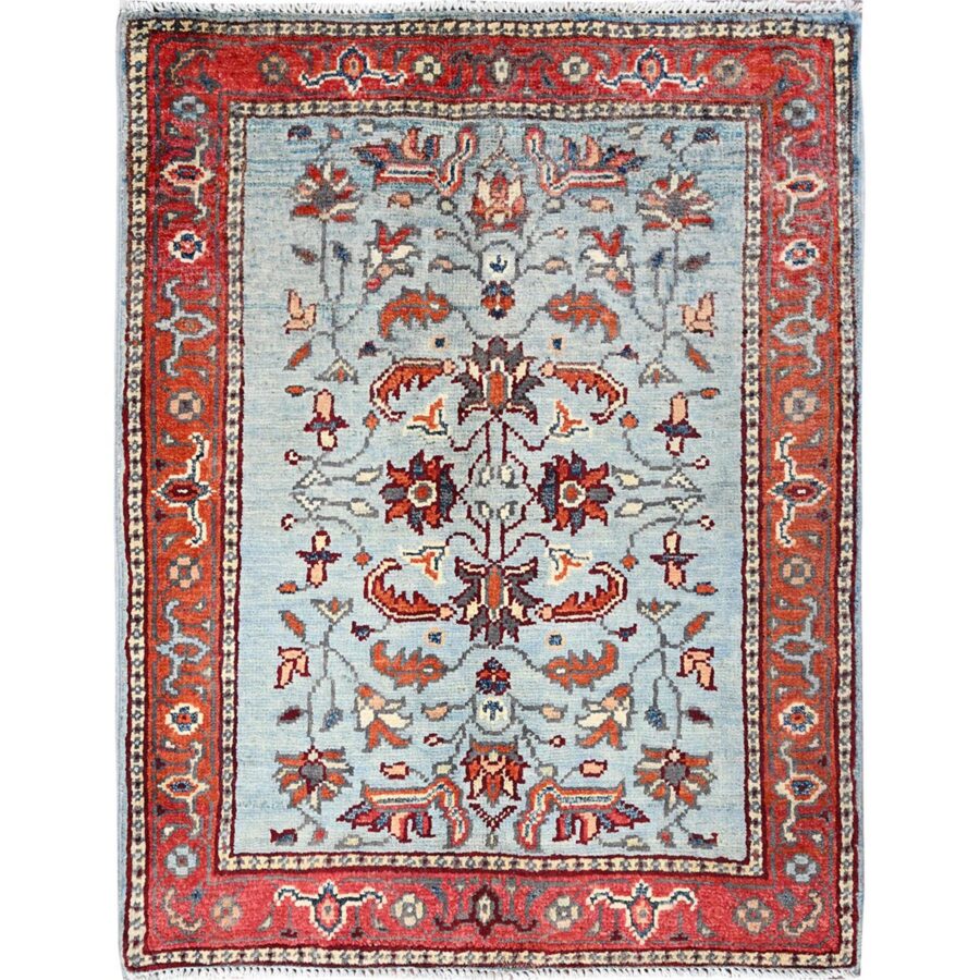 2'2"x2'9" Sapphire Blue, Afghan Peshawar with Serapi Heriz Design, Dense Weave, Natural Dyes, Extra Soft Wool, Hand Knotted, Mat Oriental Rug Sh85462
