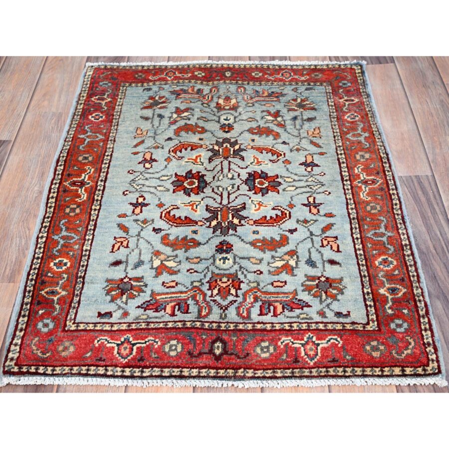 2'2"x2'9" Sapphire Blue, Afghan Peshawar with Serapi Heriz Design, Dense Weave, Natural Dyes, Extra Soft Wool, Hand Knotted, Mat Oriental Rug Sh85462 - Image 2