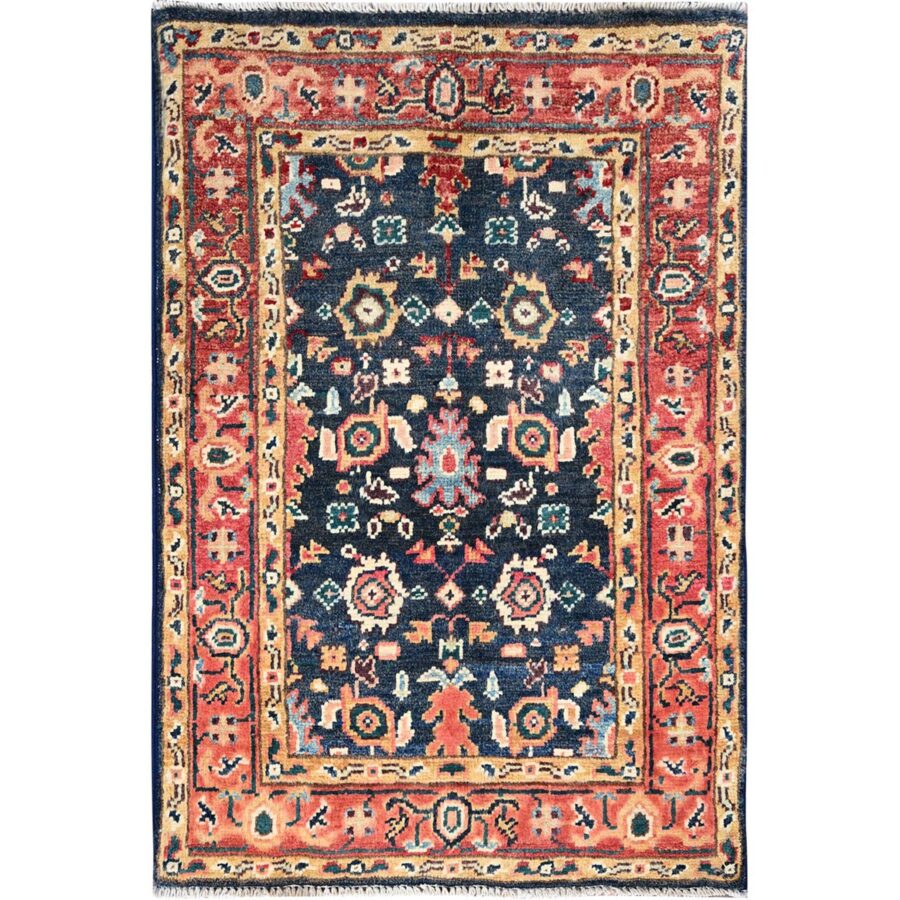 2'x2'10" Berry Blue, Hand Knotted, 100% Wool, Natural Dyes, Dense Weave, Afghan Peshawar with Serapi Heriz Design, Mat Oriental Rug Sh85468