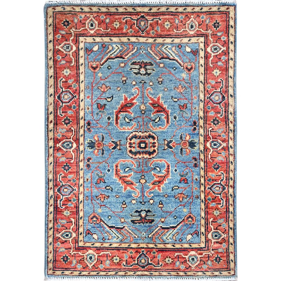 2'x2'10" Sapphire Blue, Afghan Peshawar with Serapi Heriz Design, Dense Weave, Vegetable Dyes, Hand Knotted, 100% Wool, Mat Oriental Rug Sh85473