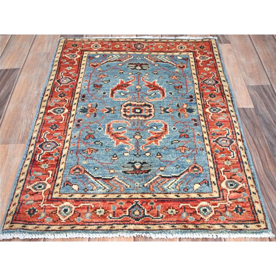 2'x2'10" Sapphire Blue, Afghan Peshawar with Serapi Heriz Design, Dense Weave, Vegetable Dyes, Hand Knotted, 100% Wool, Mat Oriental Rug Sh85473 - Image 2