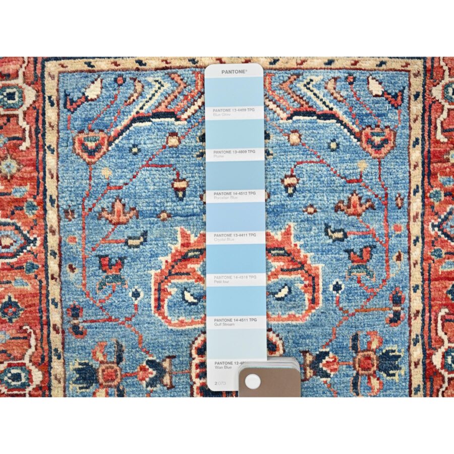 2'x2'10" Sapphire Blue, Afghan Peshawar with Serapi Heriz Design, Dense Weave, Vegetable Dyes, Hand Knotted, 100% Wool, Mat Oriental Rug Sh85473 - Image 4