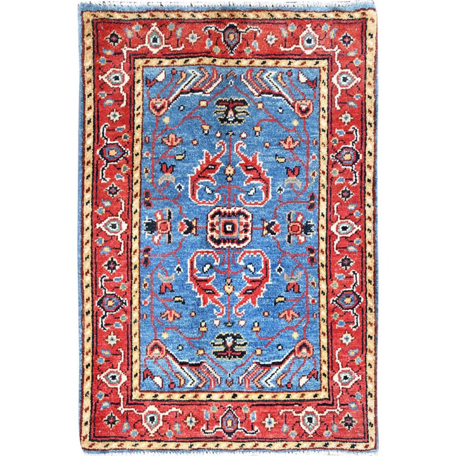 2'x2'10" Cerulean Blue, Afghan Peshawar with Serapi Heriz Design, Dense Weave, Vegetable Dyes, Pure Wool, Hand Knotted, Mat Oriental Rug Sh85475