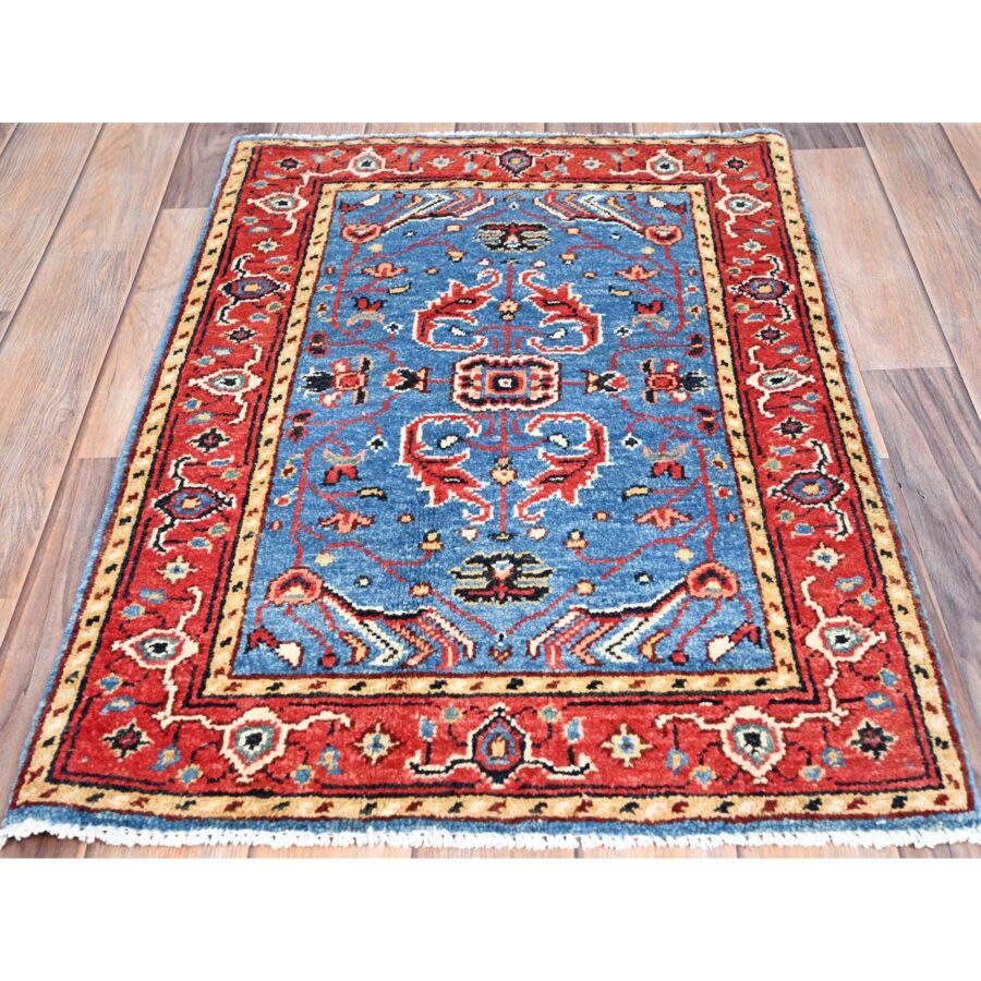 2'x2'10" Cerulean Blue, Afghan Peshawar with Serapi Heriz Design, Dense Weave, Vegetable Dyes, Pure Wool, Hand Knotted, Mat Oriental Rug Sh85475 - Image 2