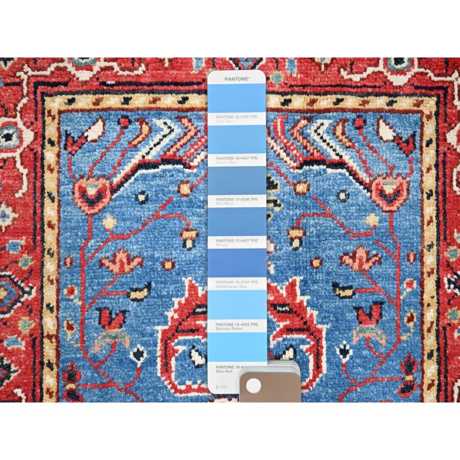 2'x2'10" Cerulean Blue, Afghan Peshawar with Serapi Heriz Design, Dense Weave, Vegetable Dyes, Pure Wool, Hand Knotted, Mat Oriental Rug Sh85475 - Image 4
