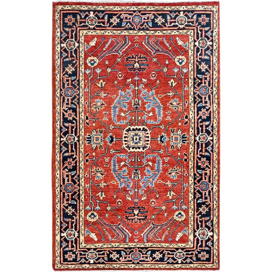 3'x5' Chili Red, Hand Knotted, Afghan Peshawar with Serapi Heriz Design, Dense Weave, Natural Dyes, Extra Soft Wool, Oriental Rug Sh85512