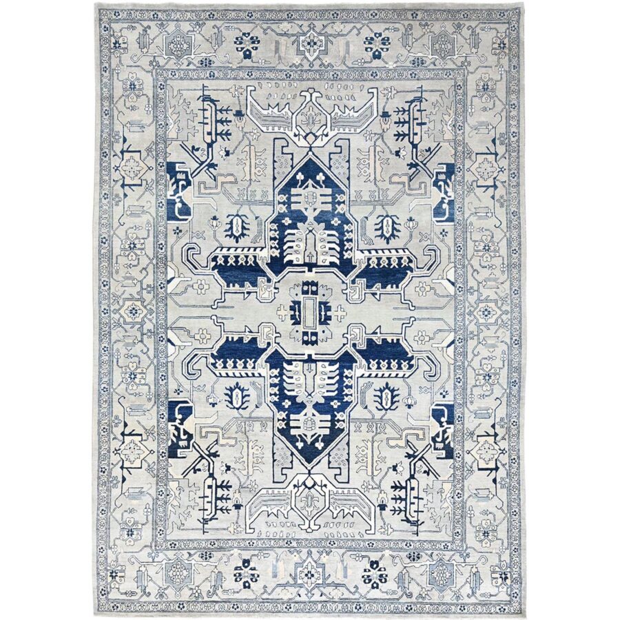 10'x14'2" Gainsboro Gray, Afghan Peshawar with Serapi Heriz Design, Dense Weave, Natural Dyes, Extra Soft Wool, Hand Knotted, Oriental Rug Sh85522