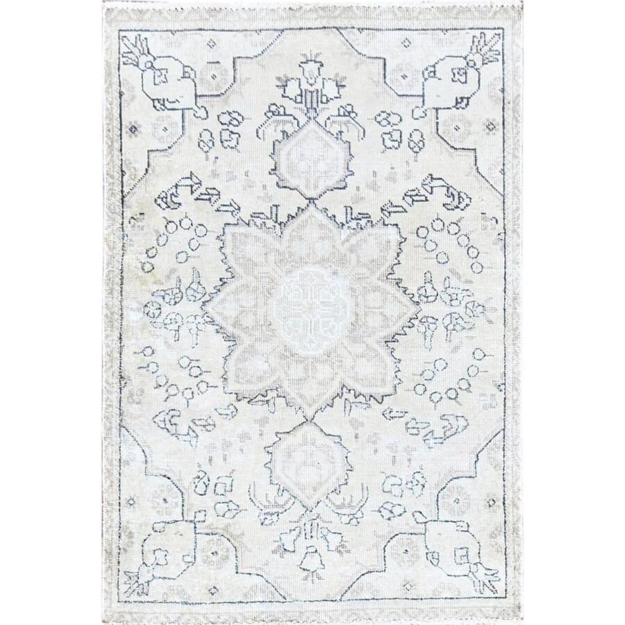 3'x4'4" Smoke White, 100% Wool, Hand Knotted, Vintage Persian Tabriz with Large Floral Design, Worn Down, Rustic Feel, Oriental Rug Sh85553