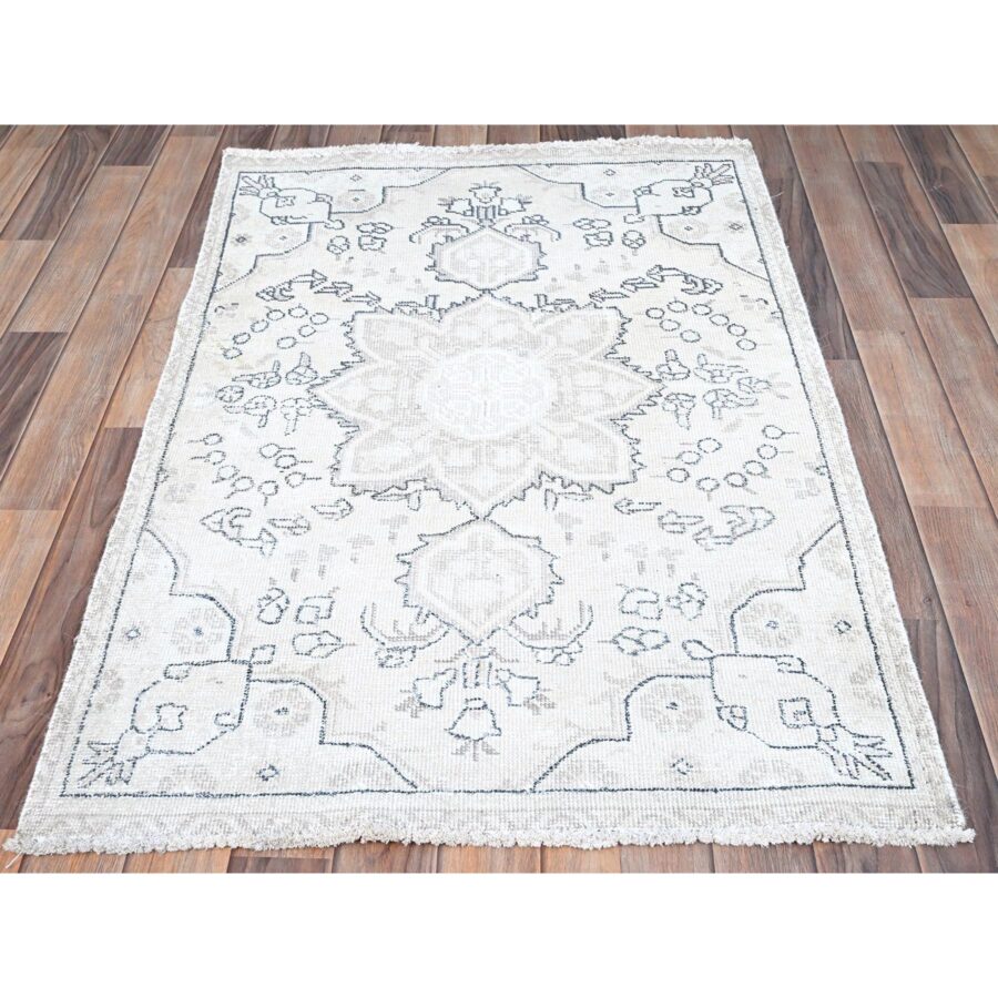 3'x4'4" Smoke White, 100% Wool, Hand Knotted, Vintage Persian Tabriz with Large Floral Design, Worn Down, Rustic Feel, Oriental Rug Sh85553 - Image 2
