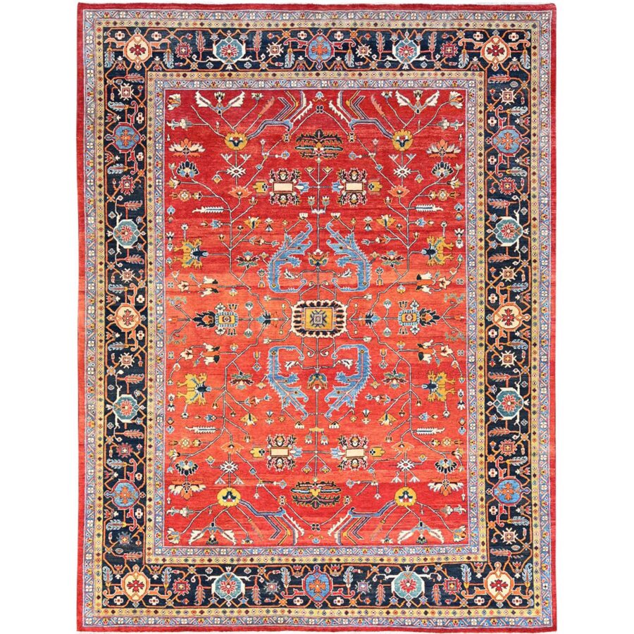 8'10"x11'8" Crimson Red, Hand Knotted, Afghan Peshawar with Serapi Heriz Design, Natural Dyes, Natural Wool, Oriental Rug Sh85604