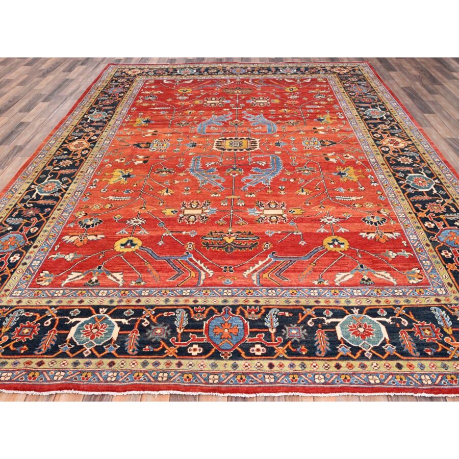 8'10"x11'8" Crimson Red, Hand Knotted, Afghan Peshawar with Serapi Heriz Design, Natural Dyes, Natural Wool, Oriental Rug Sh85604 - Image 2