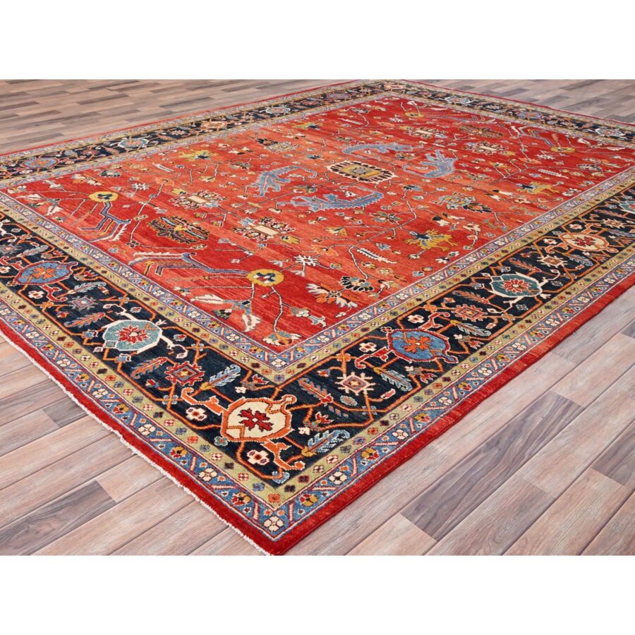 8'10"x11'8" Crimson Red, Hand Knotted, Afghan Peshawar with Serapi Heriz Design, Natural Dyes, Natural Wool, Oriental Rug Sh85604 - Image 3