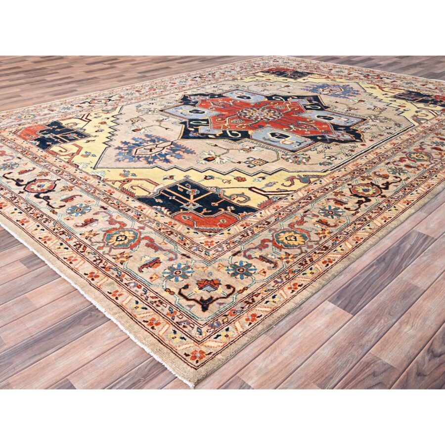 8'10"x12' Bone White, Afghan Peshawar with Serapi Heriz Design, Dense Weave, Natural Dyes, Soft Wool, Hand Knotted, Oriental Rug Sh85606 - Image 3