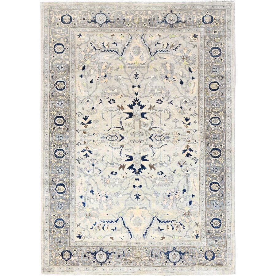 6'2"x8'10" Gainsboro Grey, Afghan Peshawar with Serapi Heriz Design, Extra Soft Wool, Hand Knotted, Natural Dyes, Dense Weave, Oriental Rug Sh85612