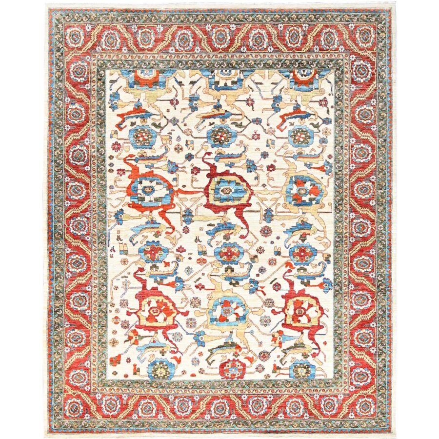 8'1"x9'9" Bone White, Pure Wool, Vegetable Dyes, 200 KPSI, Heriz All Over Design, Hand Knotted, Oriental Rug Sh85615