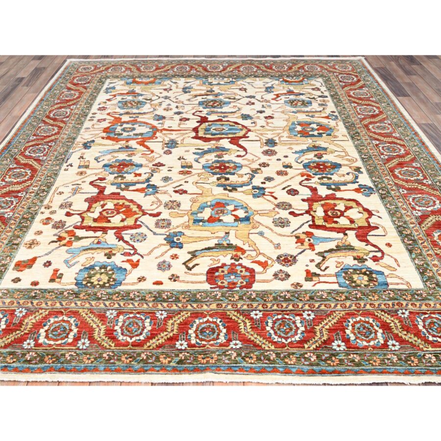 8'1"x9'9" Bone White, Pure Wool, Vegetable Dyes, 200 KPSI, Heriz All Over Design, Hand Knotted, Oriental Rug Sh85615 - Image 2
