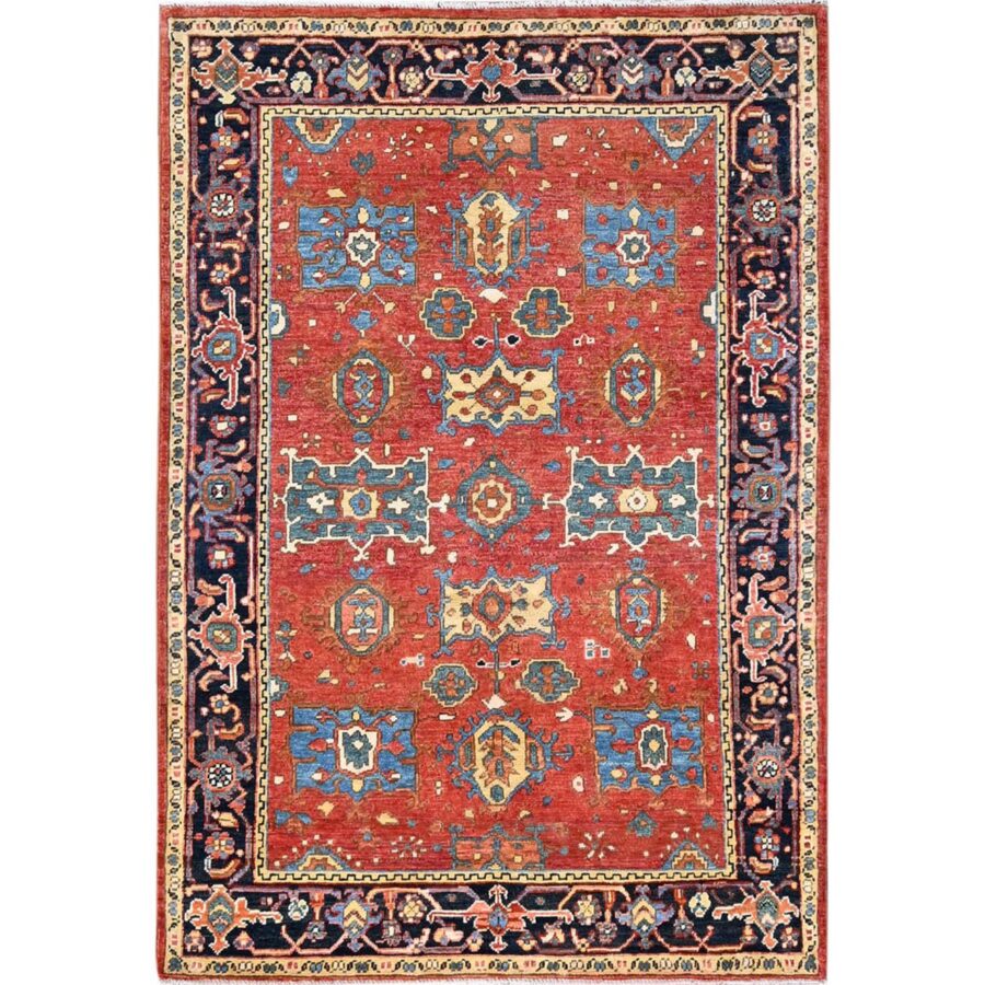 3'10"x5'7" Chili Red, Pure Wool, Dense Weave, Afghan Peshawar with Serapi Heriz Design, Natural Dyes, Hand Knotted, Oriental Rug Sh85640