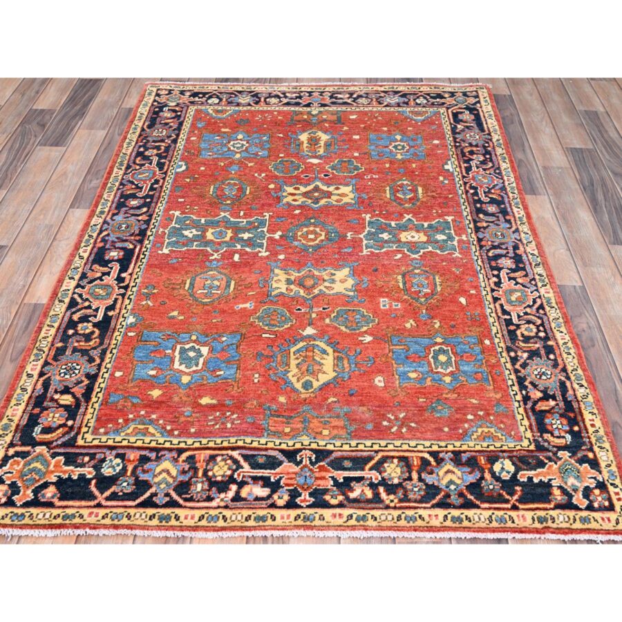 3'10"x5'7" Chili Red, Pure Wool, Dense Weave, Afghan Peshawar with Serapi Heriz Design, Natural Dyes, Hand Knotted, Oriental Rug Sh85640 - Image 2