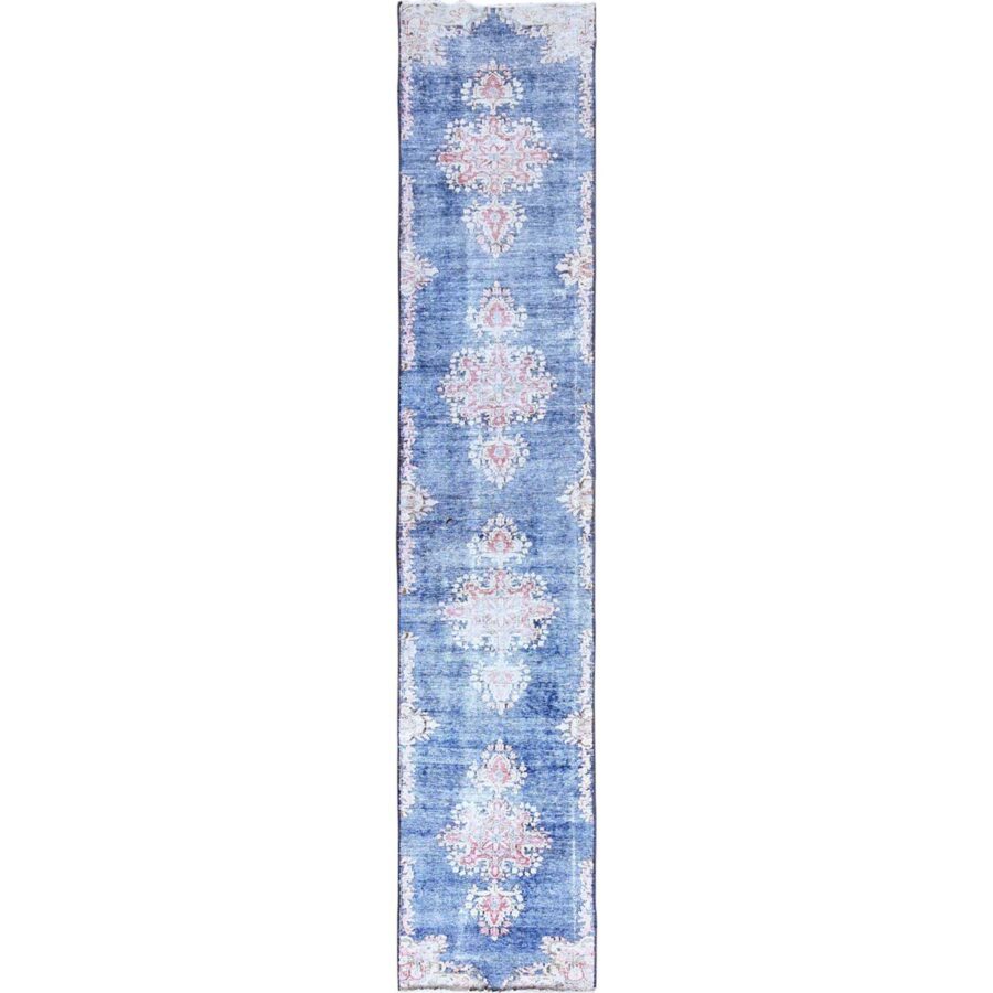 2'1"x12' Steel Blue, Hand Knotted, Vintage Persian Kerman, Erased Design, Worn Down, Pure Wool, Cleaned with Sides and Edges Professionally Secured, Runner Oriental Rug Sh85778