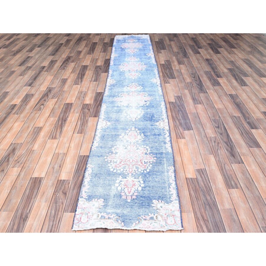 2'1"x12' Steel Blue, Hand Knotted, Vintage Persian Kerman, Erased Design, Worn Down, Pure Wool, Cleaned with Sides and Edges Professionally Secured, Runner Oriental Rug Sh85778 - Image 2