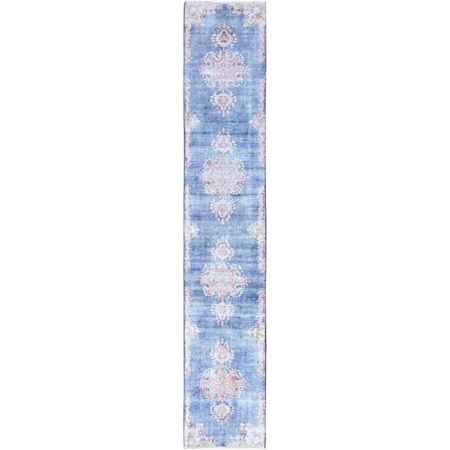 2'1"x11'9" Steel Blue, Pure Wool, Hand Knotted, Vintage Persian Kerman, Erased Design, Worn Down, Cleaned with Sides and Edges Professionally Secured, Runner Oriental Rug Sh85779