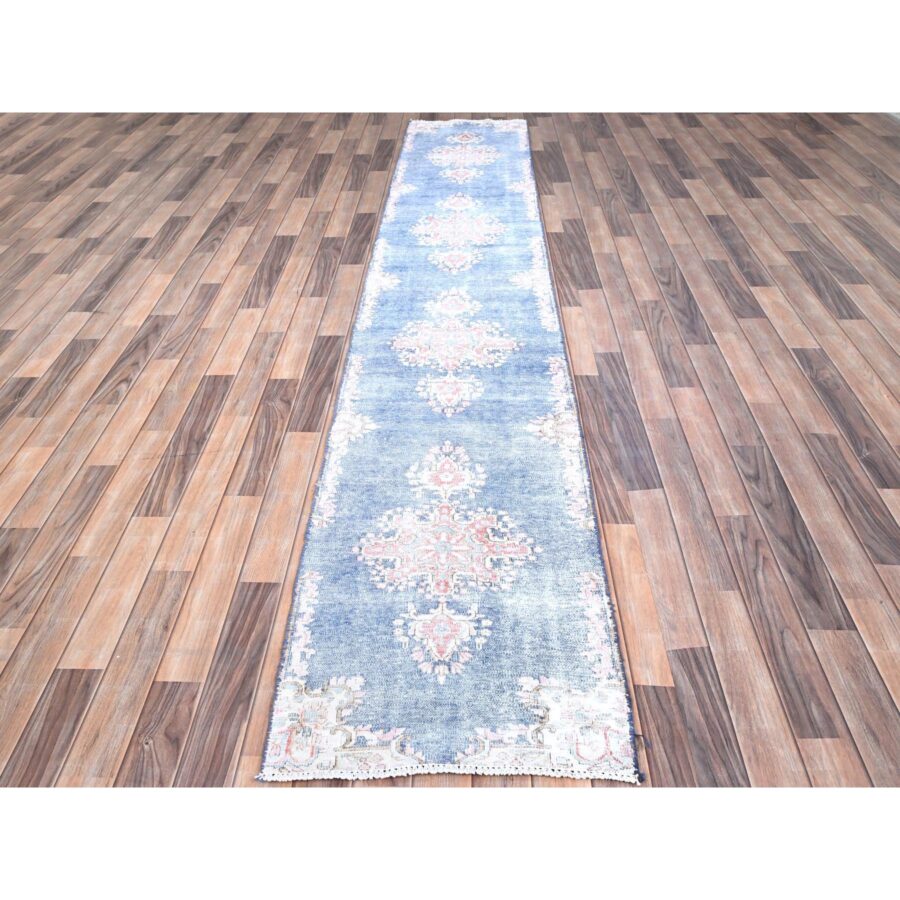 2'1"x11'9" Steel Blue, Pure Wool, Hand Knotted, Vintage Persian Kerman, Erased Design, Worn Down, Cleaned with Sides and Edges Professionally Secured, Runner Oriental Rug Sh85779 - Image 2
