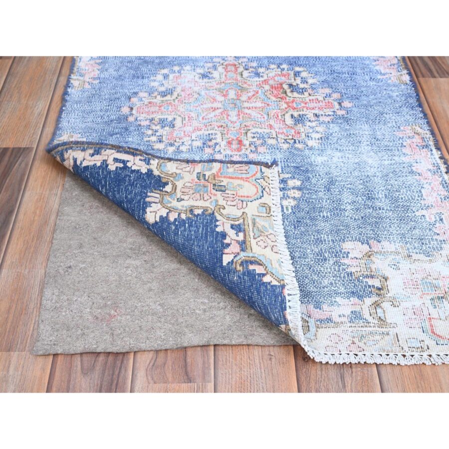 2'1"x11'9" Steel Blue, Pure Wool, Hand Knotted, Vintage Persian Kerman, Erased Design, Worn Down, Cleaned with Sides and Edges Professionally Secured, Runner Oriental Rug Sh85779 - Image 3