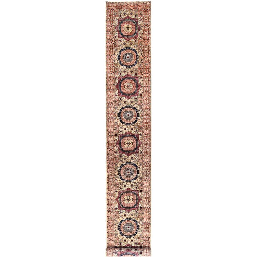 2'8"x19'6" Parchment White, 14th Century Mamluk Dynasty Pattern, 200 KPSI, Natural Dyes, Pure Wool, Hand Knotted, XL Runner Oriental Rug Sh85842