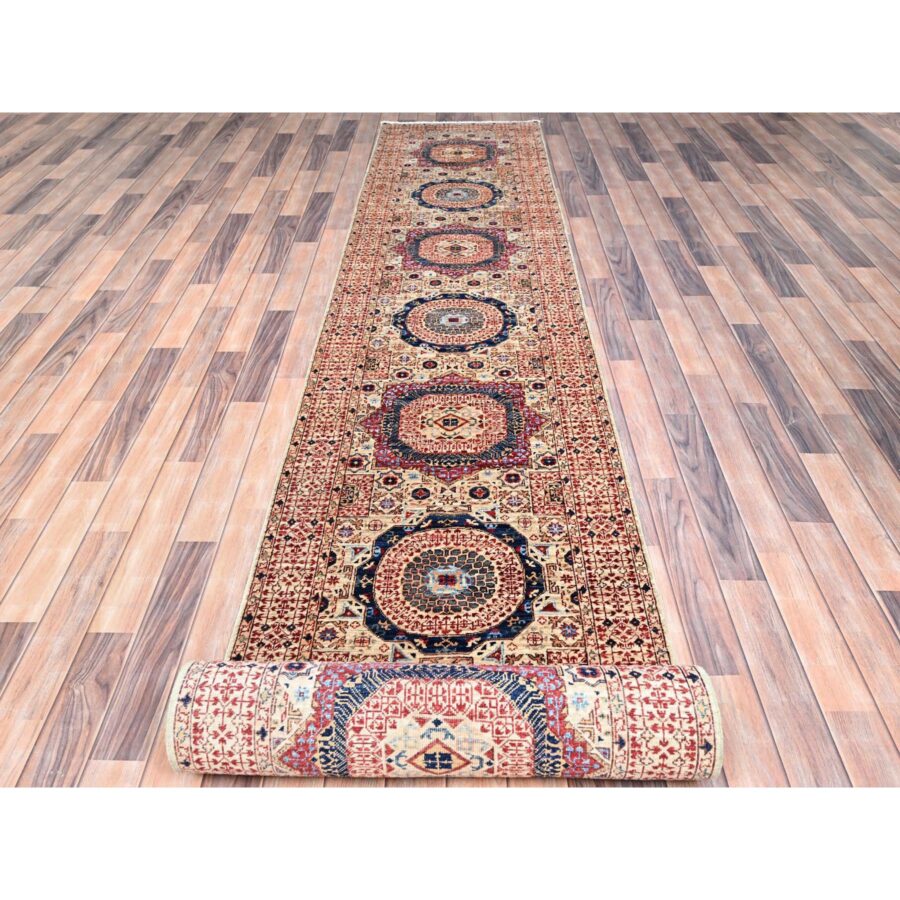 2'8"x19'6" Parchment White, 14th Century Mamluk Dynasty Pattern, 200 KPSI, Natural Dyes, Pure Wool, Hand Knotted, XL Runner Oriental Rug Sh85842 - Image 2