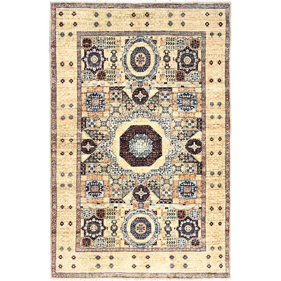 3'10"x6' Eggshell White, 200 KPSI, Extra Soft Wool, Hand Knotted, 14th Century Mamluk Dynasty Pattern, Vegetable Dyes, Oriental Rug Sh85859