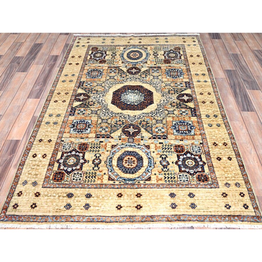 3'10"x6' Eggshell White, 200 KPSI, Extra Soft Wool, Hand Knotted, 14th Century Mamluk Dynasty Pattern, Vegetable Dyes, Oriental Rug Sh85859 - Image 2