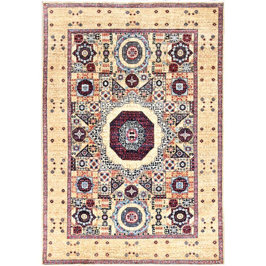 4'9"x7'1" Porcelain White, 14th Century Mamluk Dynasty Pattern, 200 KPSI, Natural Dyes, 100% Wool, Hand Knotted, Oriental Rug Sh85860