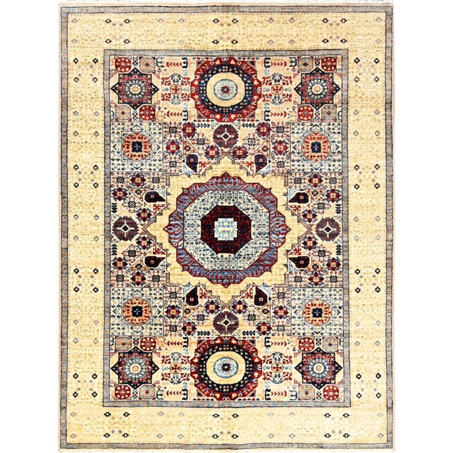 5'1"x6'8" Daisy White, Hand Knotted, Soft Wool, 200 KPSI, 14th Century Mamluk Dynasty Pattern, Vegetable Dyes, Oriental Rug Sh85863