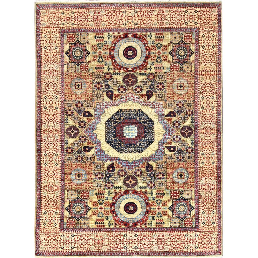 5'x6'8" Crocodile Green, Natural Dyes, Hand Knotted, Extra Soft Wool, 14th Century Mamluk Dynasty Pattern, 200 KPSI, Oriental Rug Sh85864