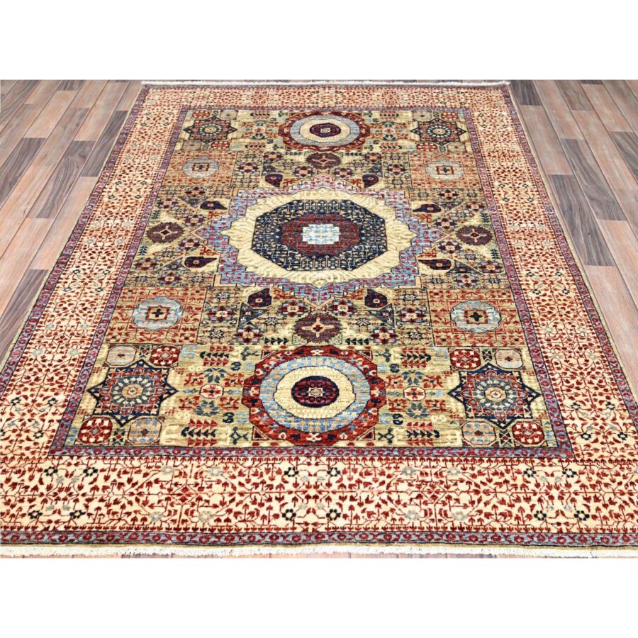 5'x6'8" Crocodile Green, Natural Dyes, Hand Knotted, Extra Soft Wool, 14th Century Mamluk Dynasty Pattern, 200 KPSI, Oriental Rug Sh85864 - Image 2
