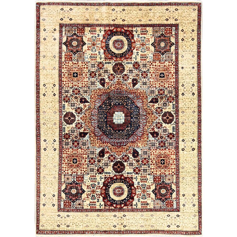 4'10"x7' Alabaster White, 200 KPSI, Hand Knotted, Vegetable Dyes, 100% Wool, 14th Century Mamluk Dynasty Pattern, Oriental Rug Sh85865