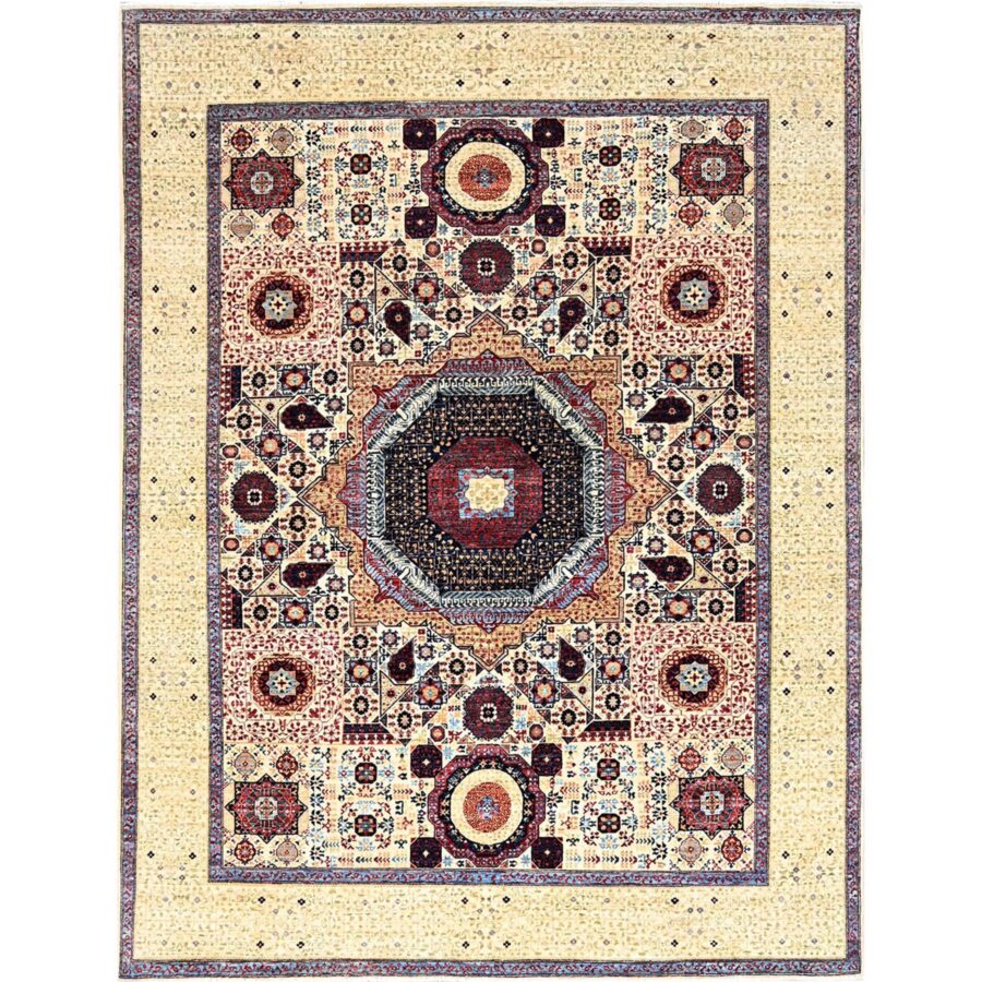 7'9"x10' Ivory, Pure Wool, Hand Knotted, 14th Century Mamluk Dynasty Pattern, 200 KPSI, Vegetable Dyes, Oriental Rug Sh85877