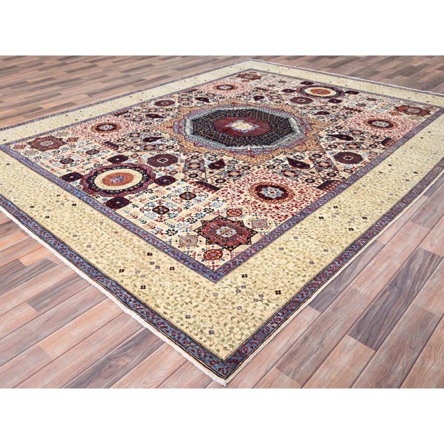 7'9"x10' Ivory, Pure Wool, Hand Knotted, 14th Century Mamluk Dynasty Pattern, 200 KPSI, Vegetable Dyes, Oriental Rug Sh85877 - Image 3