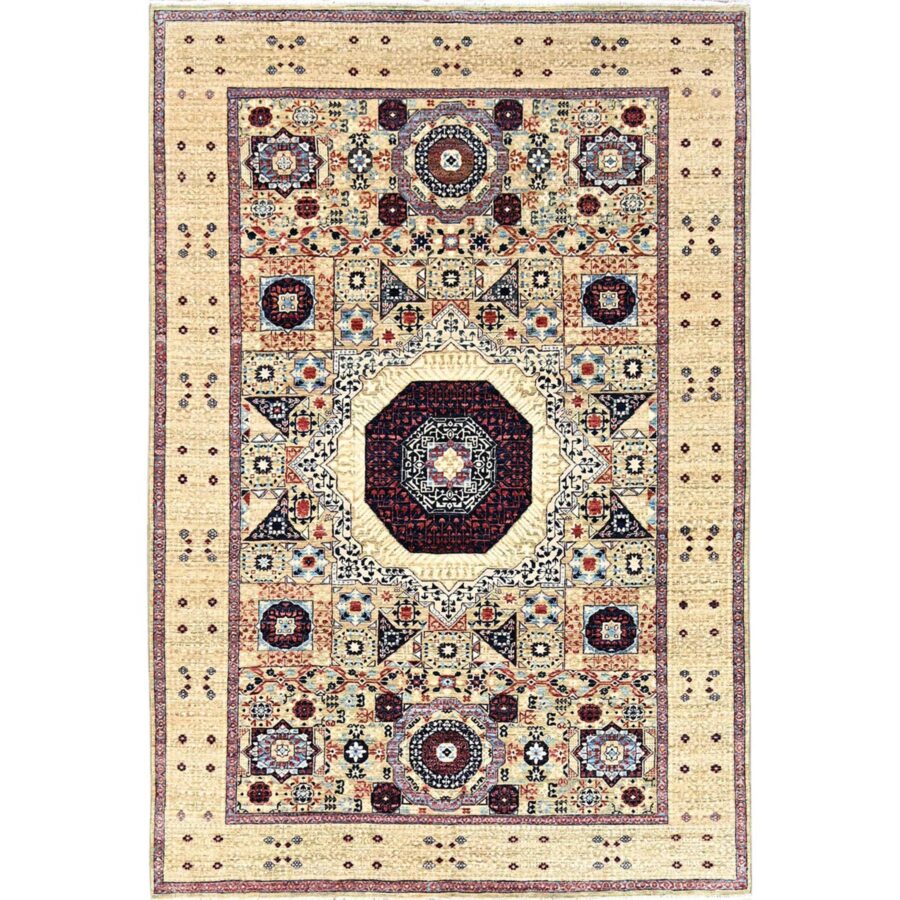 5'10"x8'10" Flax Yellow, Vegetable Dyes, Extra Soft Wool, Hand Knotted, 14th Century Mamluk Dynasty Pattern, 200 KPSI, Oriental Rug Sh85879